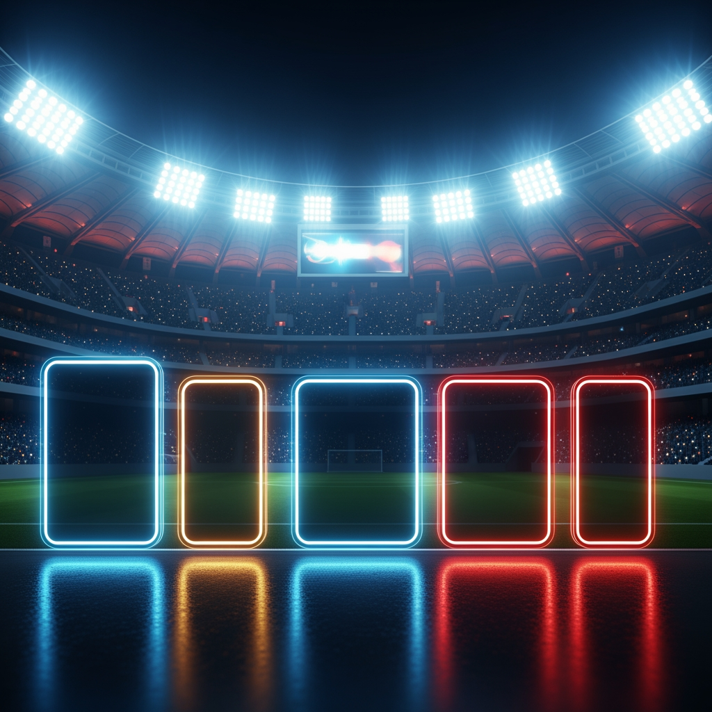 AI Design for "A professional sports news broadcast background layout for a football match schedule, 16:9 aspect ratio. A highly detailed modern football stadium at night with bright stadium floodlights in the background. Sleek, glowing neon glass panels or transparent dark boxes arranged neatly to place text later. Dark blue, gold, and red color theme. Epic sports photography, dynamic lighting, 8k resolution, clean and modern UI design, completely NO TEXT."