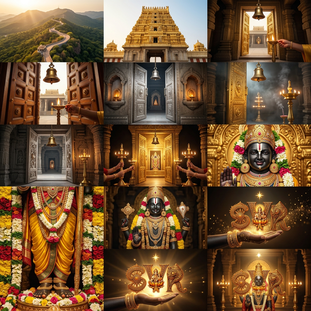 AI Design for using this logo, create a video launching the logo, start from tirupati hills, going upto opening seven doors of god ringing bells and lighting lamp one after the other door opening at last show lord venkateshwara feet and go above and show face and then show full god and make logo coming out of lord vekateshwara hand like a blessing