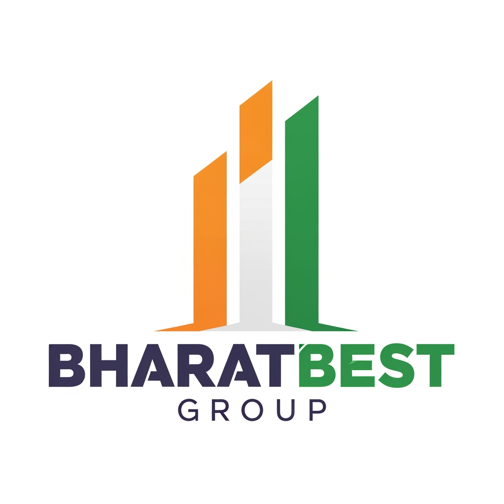 AI Design for Bharatbest Group logo with 3 vertical bold indian tricolour line rising