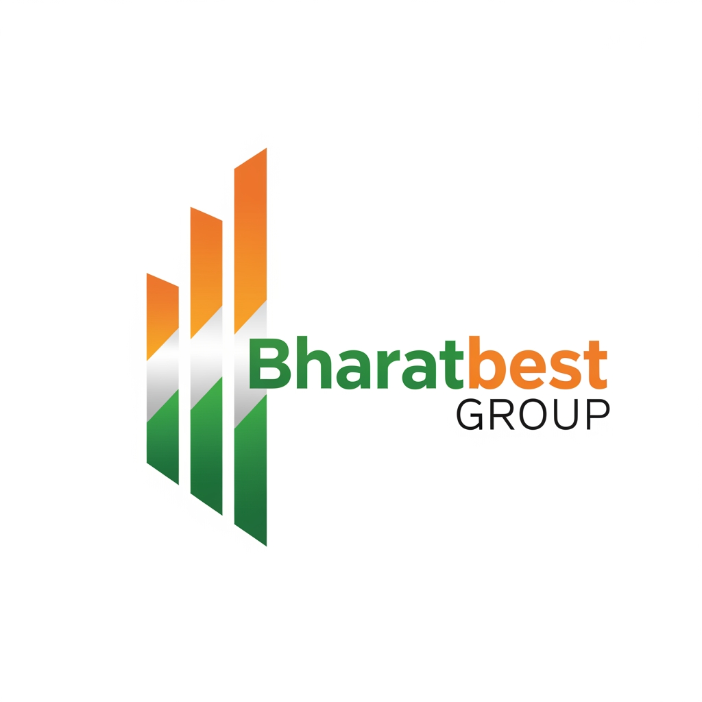 AI Design for Bharatbest Group logo with 3 vertical bold indian tricolour line rising