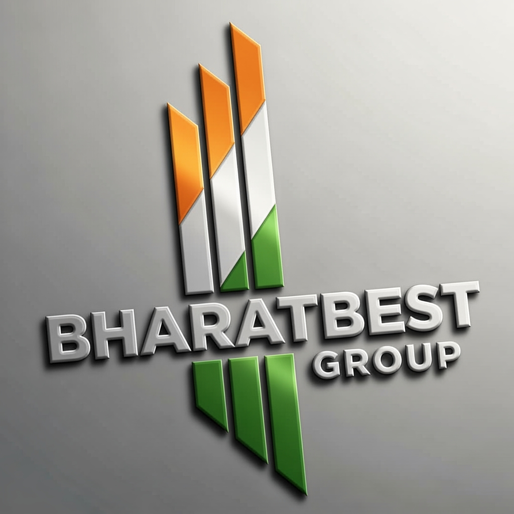 AI Design for Bharatbest Group logo with 3 vertical bold indian tricolour line rising with 3d and emboss effect