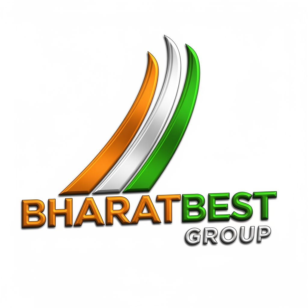 AI Design for Bharatbest Group logo with 3 vertical bold indian tricolour line rising with 3d and emboss effect