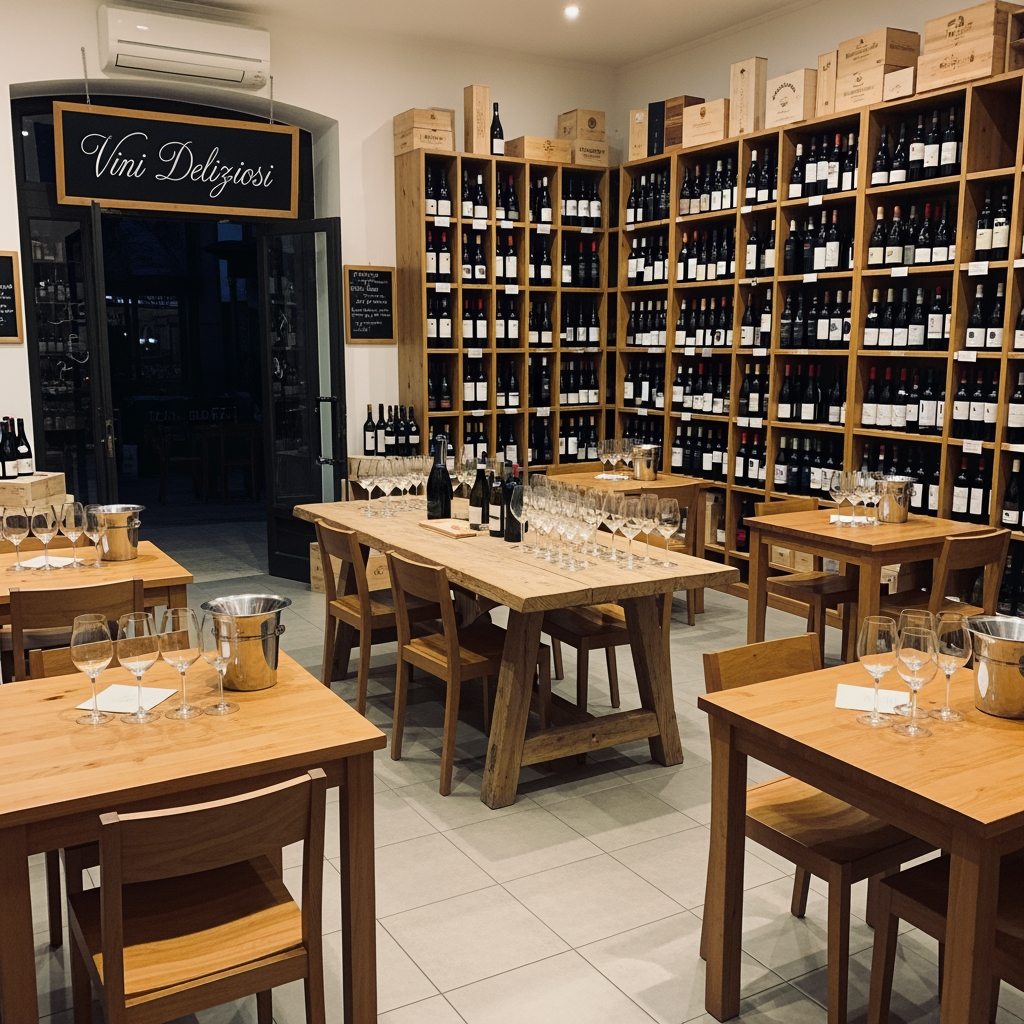 AI Design for crea una enoteca con dei tavoli quadrati un tavolo per la degustazione senza persone