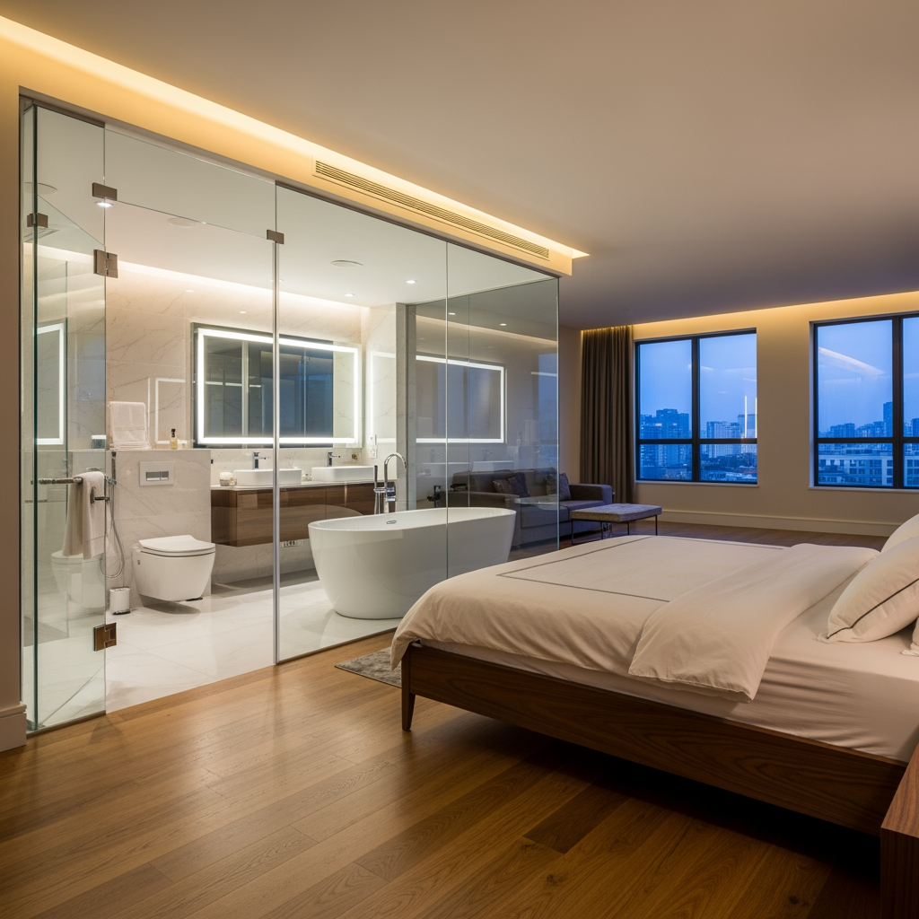 AI Design for voglio un rendering di una camera da letto molto ampia, con un bagno dietro al letto e che ha le pareti in vetro trasparente, e la porta al bagno anch'essa in vetro sul lato sinistro del letto