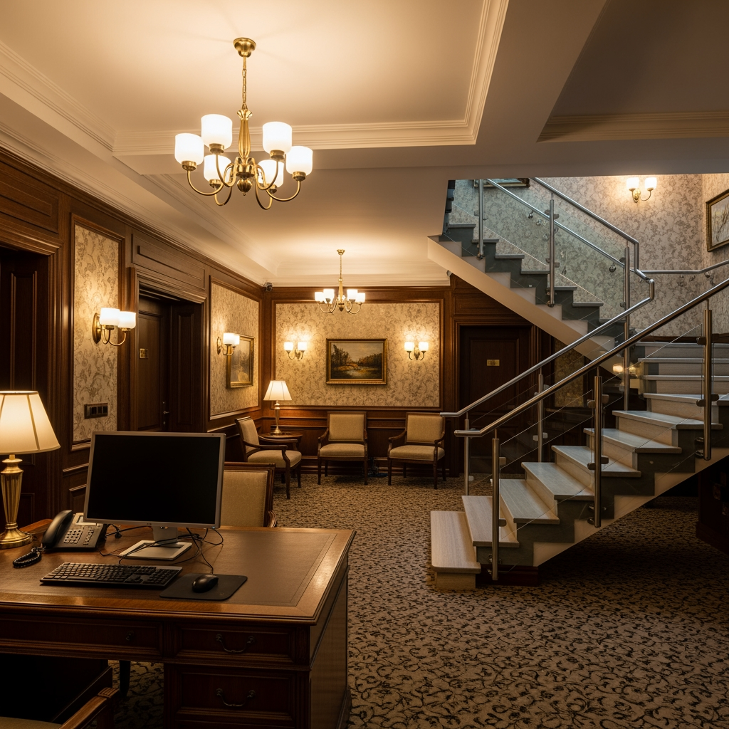 AI Design for voglio un rendering di una reception in stile classico non molto grande, con soffitto basso, una scrivania con un computer e dove si vede anche una scala moderna che porta al primo piano sul lato destro