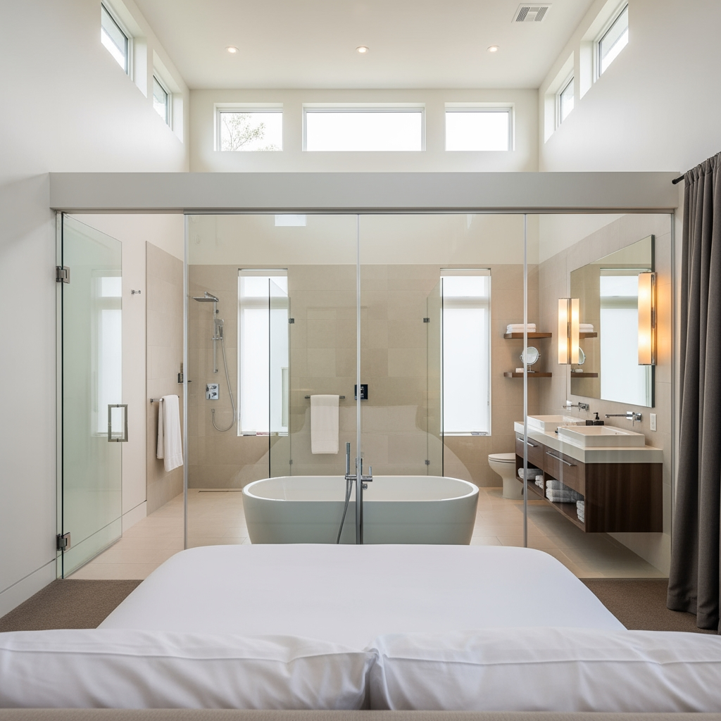 AI Design for voglio un rendering di una camera da letto molto ampia, con un bagno dietro al letto e che ha le pareti in vetro trasparente, e la porta al bagno anch'essa in vetro sul lato sinistro del letto