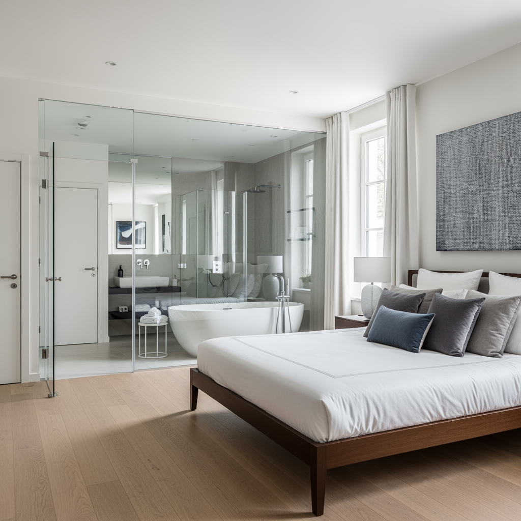 AI Design for voglio un rendering di una camera da letto molto ampia, con un bagno dietro al letto e che ha le pareti in vetro trasparente, e la porta al bagno anch'essa in vetro sul lato sinistro del letto