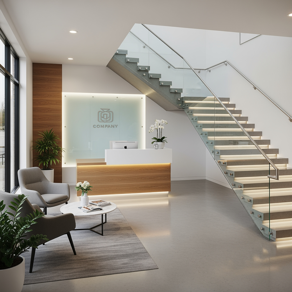 AI Design for voglio un rendering di una reception non molto grande dove si vede anche una scala moderna che porta al primo piano sul lato destro