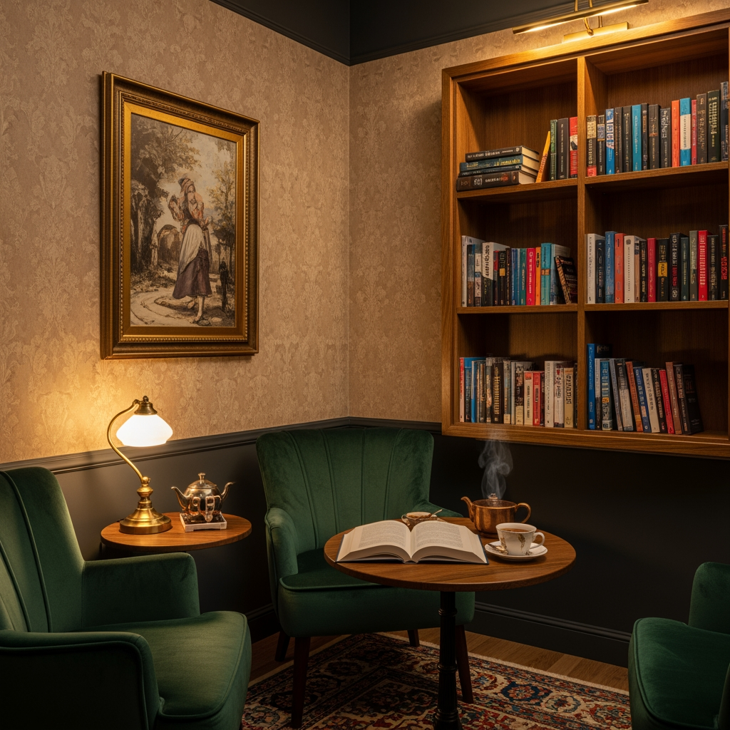 AI Design for crea una pisccola sala lettura per un albergo