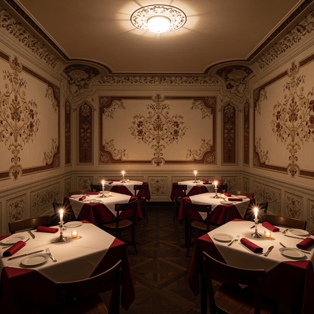 AI Design for crea una sala  non molto grande di un ristorante stile classico con pareti decorate  tavoli quadrati  per un palazzo del 700 con soffitto basso
