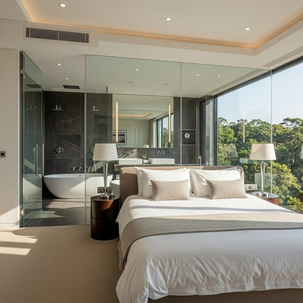 AI Design for voglio un rendering di una camera da letto molto ampia, con un bagno dietro al letto e che ha le pareti in vetro trasparente, e la porta al bagno anch'essa in vetro sul lato sinistro del letto