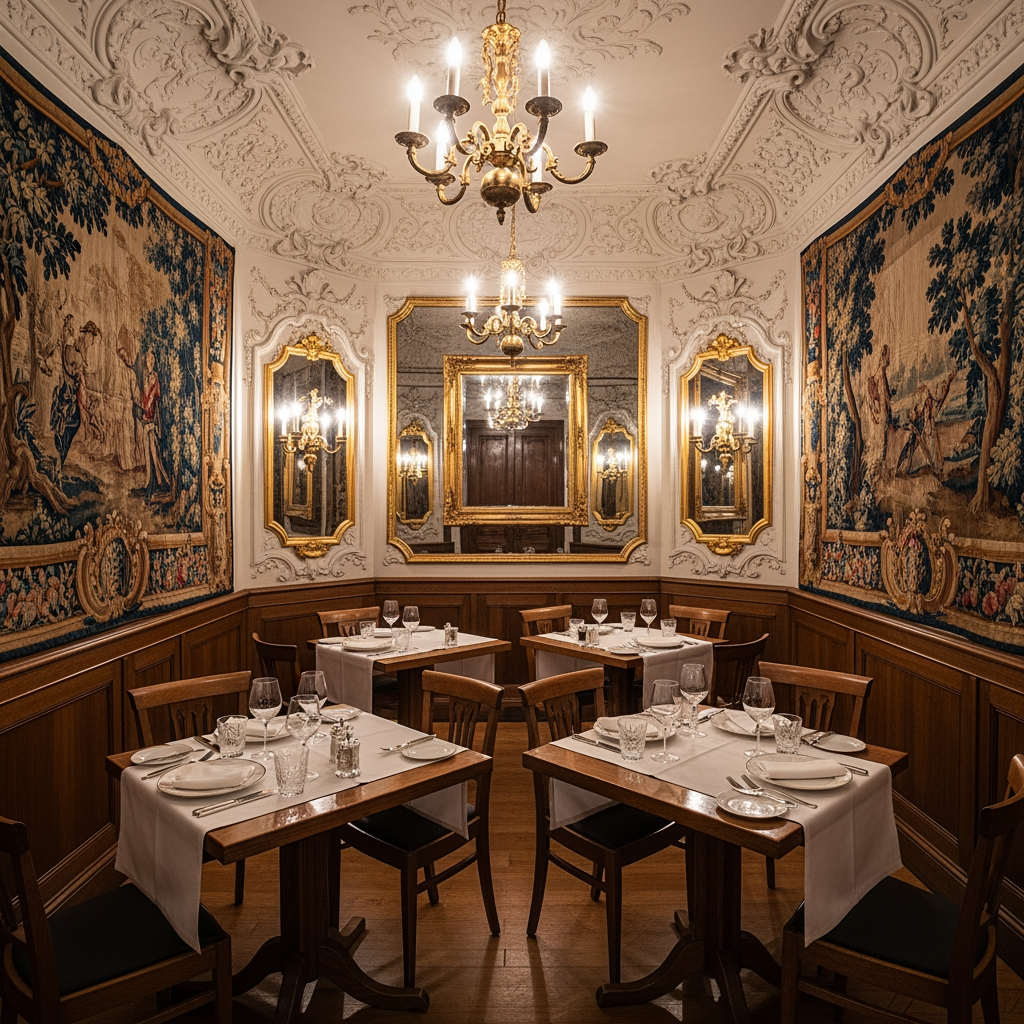 AI Design for crea una sala  non molto grande di un ristorante stile classico con pareti decorate  tavoli quadrati  per un palazzo del 700 con soffitto basso