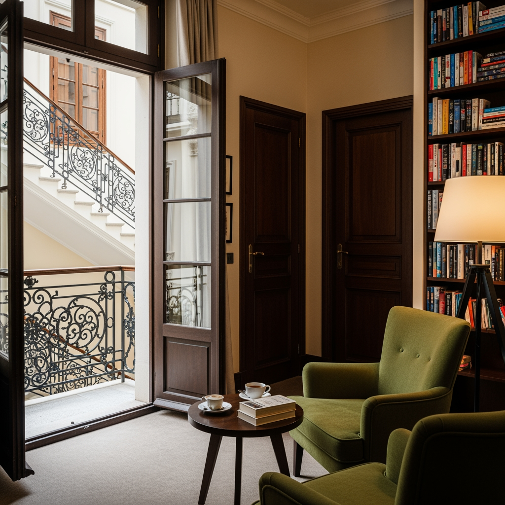 AI Design for crea una pisccola sala lettura per un albergo con porta finestra che si affaccia sul balcone e si vede una scala che porta al piano di sotto e due porte una destra una a sinistra