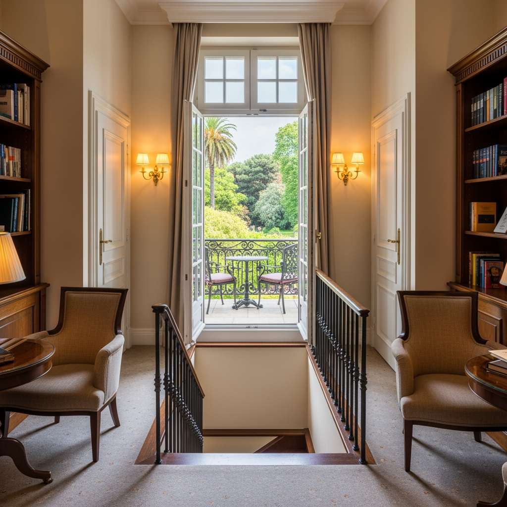AI Design for crea una pisccola sala lettura per un albergo con porta finestra che si affaccia sul balcone con vista giardino, e dentro la stanza si vede una scala che porta al piano di sotto e due porte una destra una a sinistra