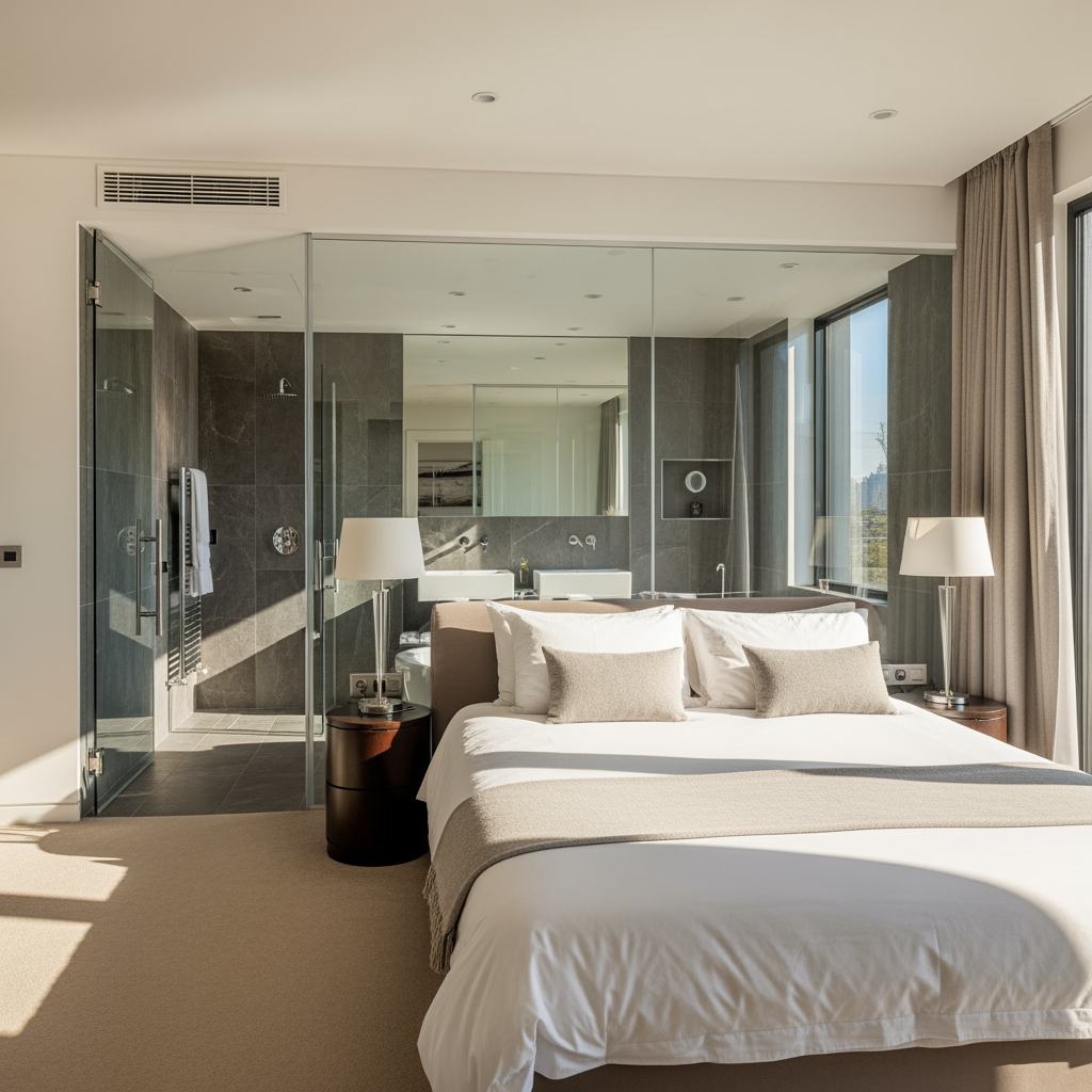 AI Design for voglio un rendering di una camera da letto molto ampia, con un bagno dietro al letto e che ha le pareti in vetro trasparente, e la porta al bagno anch'essa in vetro sul lato sinistro del letto