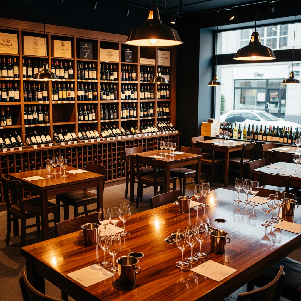 AI Design for crea una enoteca con dei tavoli quadrati un tavolo per la degustazione senza persone