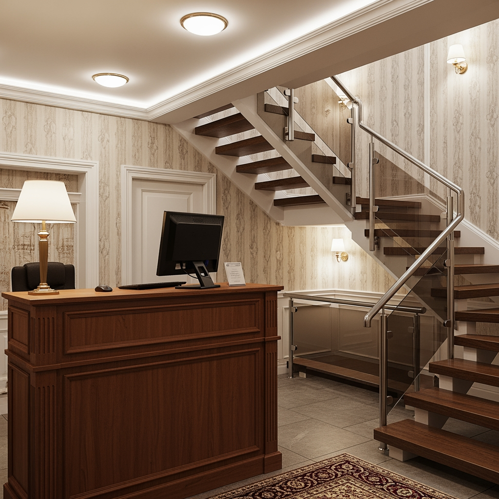 AI Design for voglio un rendering di una reception in stile classico non molto grande, con soffitto basso, una scrivania con un computer e dove si vede anche una scala moderna che porta al primo piano sul lato destro