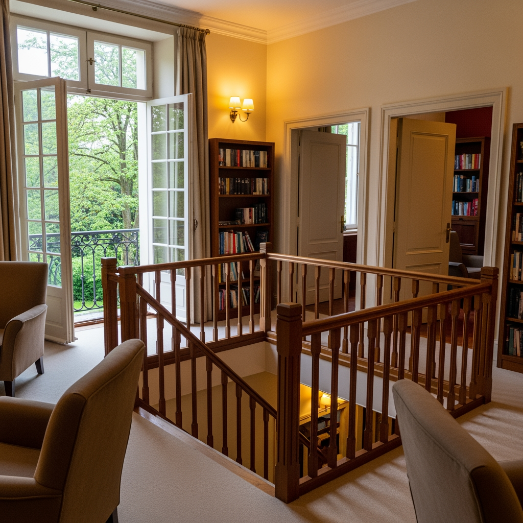 AI Design for crea una pisccola sala lettura per un albergo con porta finestra che si affaccia sul balcone con vista giardino, e dentro la stanza si vede una scala che porta al piano di sotto e due porte una destra una a sinistra