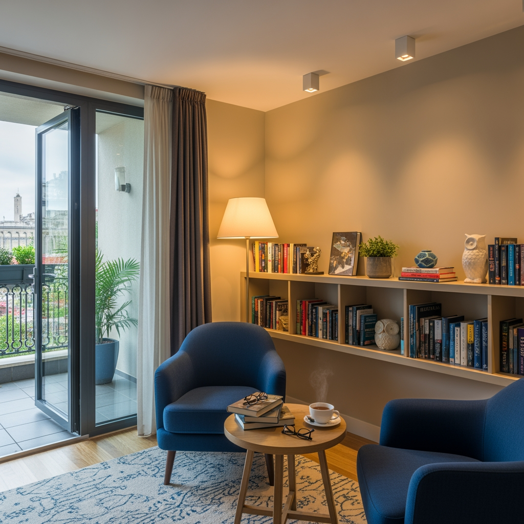 AI Design for crea una pisccola sala lettura per un albergo con porta finestra che si affaccia sul balcone