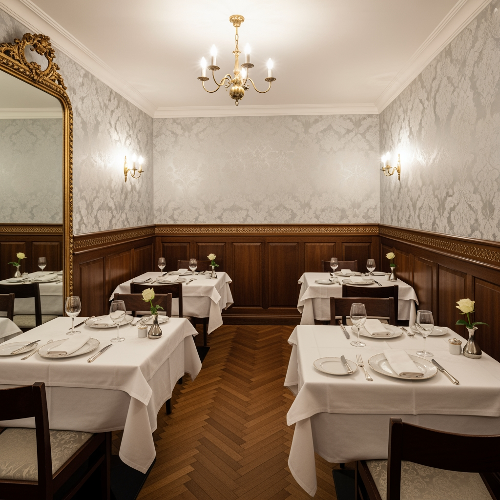 AI Design for crea una sala  non molto grande di un ristorante stile classico con pareti con carta da parati chiare tavoli quadrati  per un palazzo del 700 con soffitto basso
