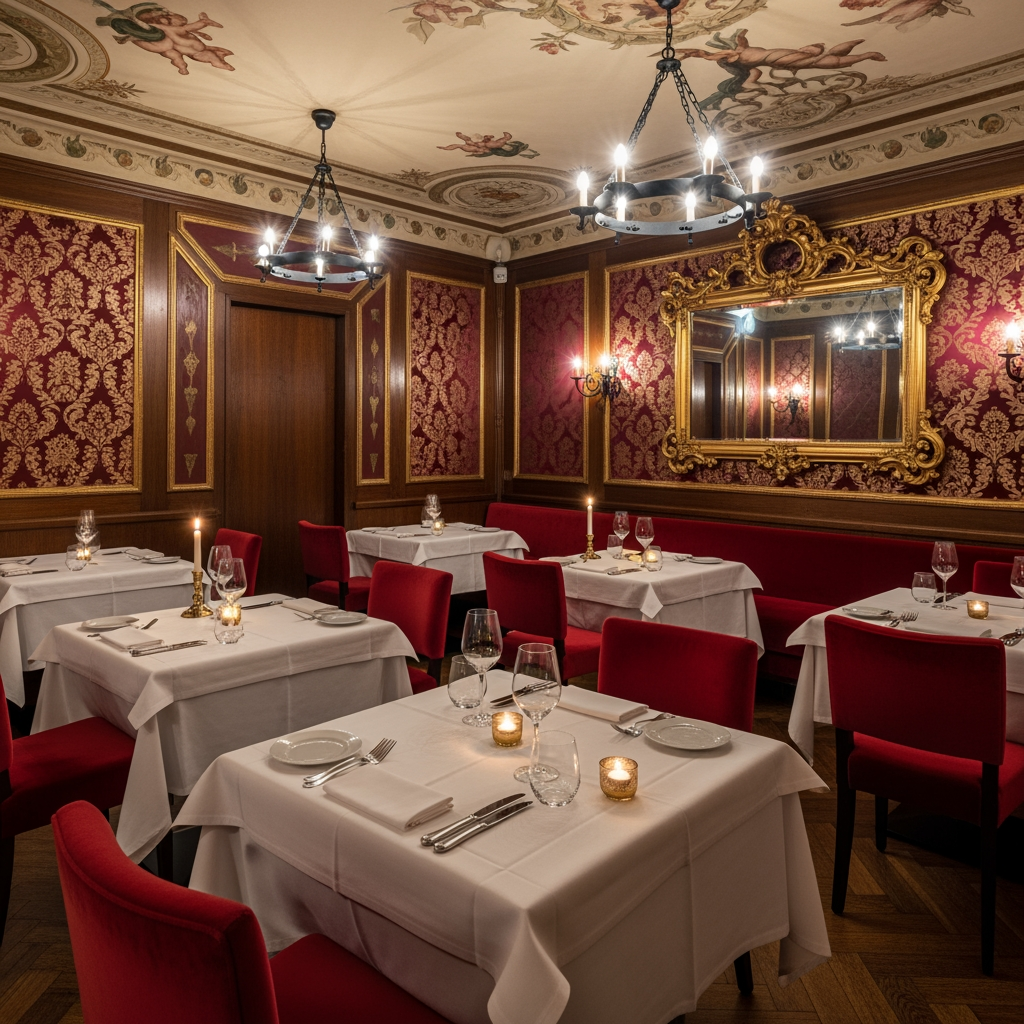 AI Design for crea una sala  non molto grande di un ristorante stile classico con pareti decorate  tavoli quadrati  per un palazzo del 700 con soffitto basso
