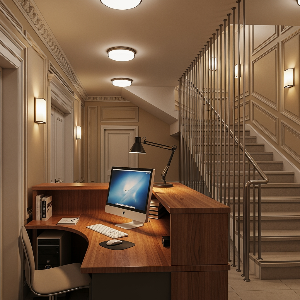 AI Design for voglio un rendering di una reception in stile classico non molto grande, con soffitto basso, una scrivania con un computer e dove si vede anche una scala moderna che porta al primo piano sul lato destro