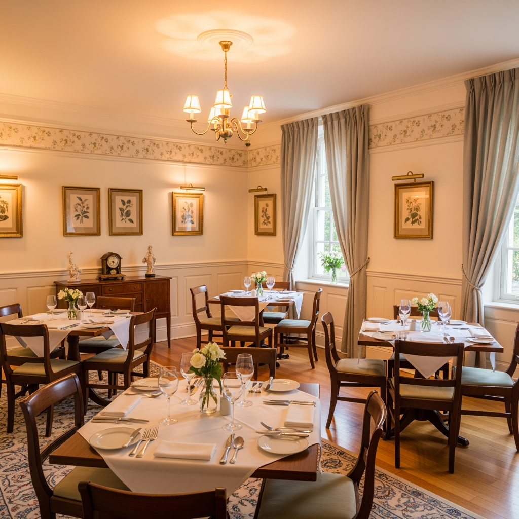 AI Design for crea una sala per un ristorante non molto grande stile classico leggero
