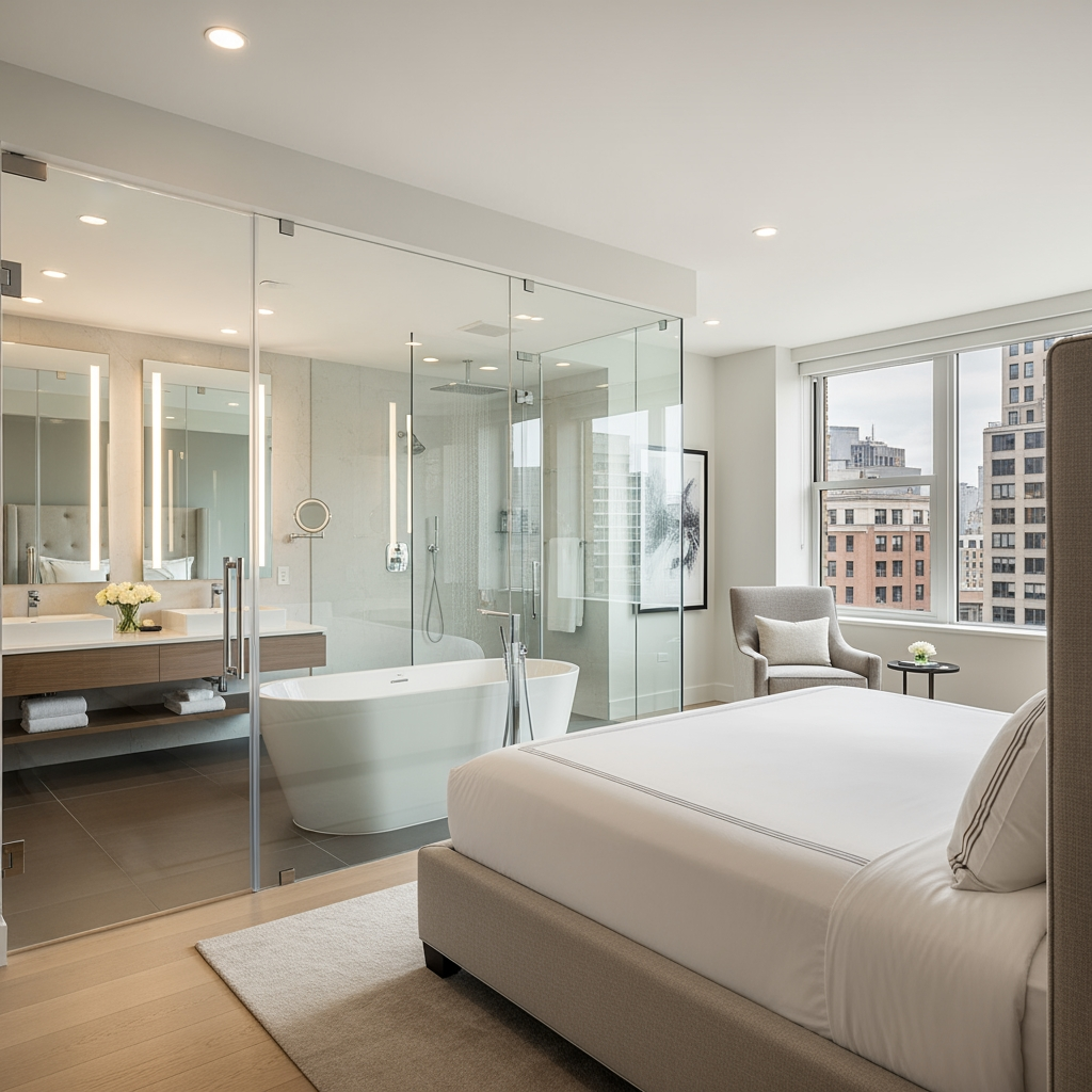 AI Design for voglio un rendering di una camera da letto molto ampia, con un bagno posizionato dietro al letto e che ha le pareti in vetro trasparente, e la porta al bagno anch'essa in vetro sul lato sinistro del letto