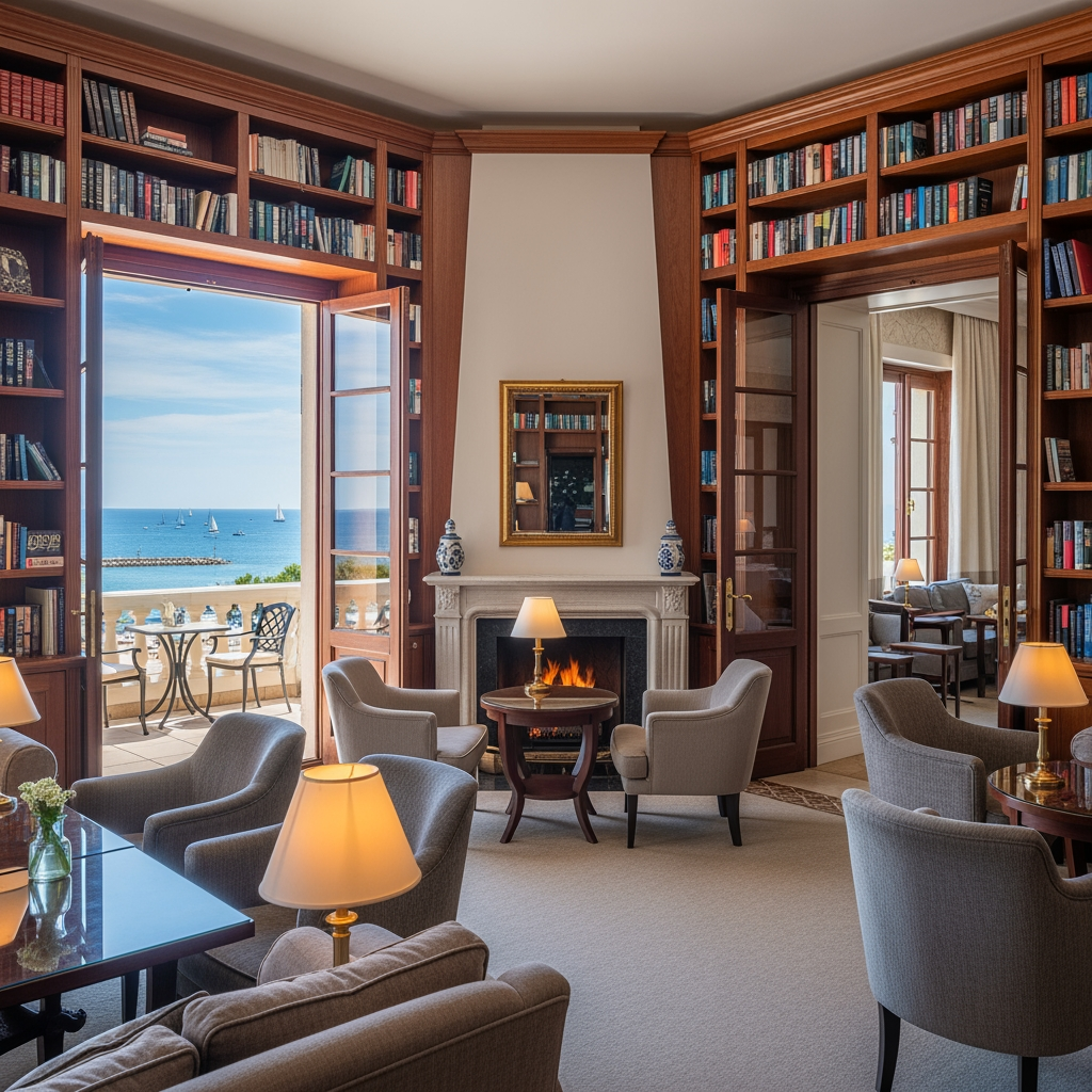 AI Design for crea una sala lettura per un albergo con porta finestra che si affaccia sul balcone con vista mare, e due porte una destra una a sinistra