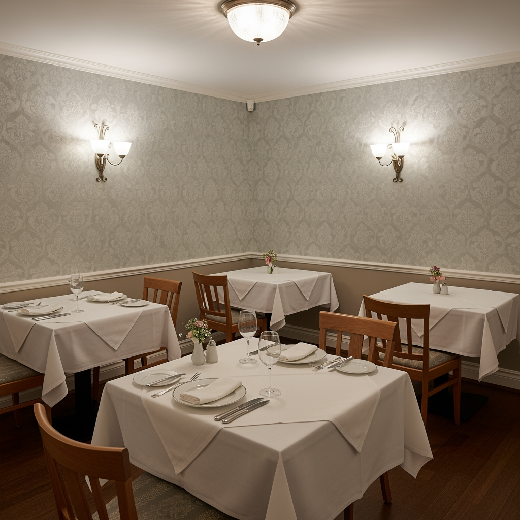 AI Design for crea una sala  non molto grande di un ristorante stile classico con pareti con carta da parati chiare tavoli quadrati  per un palazzo del 700 con soffitto basso
