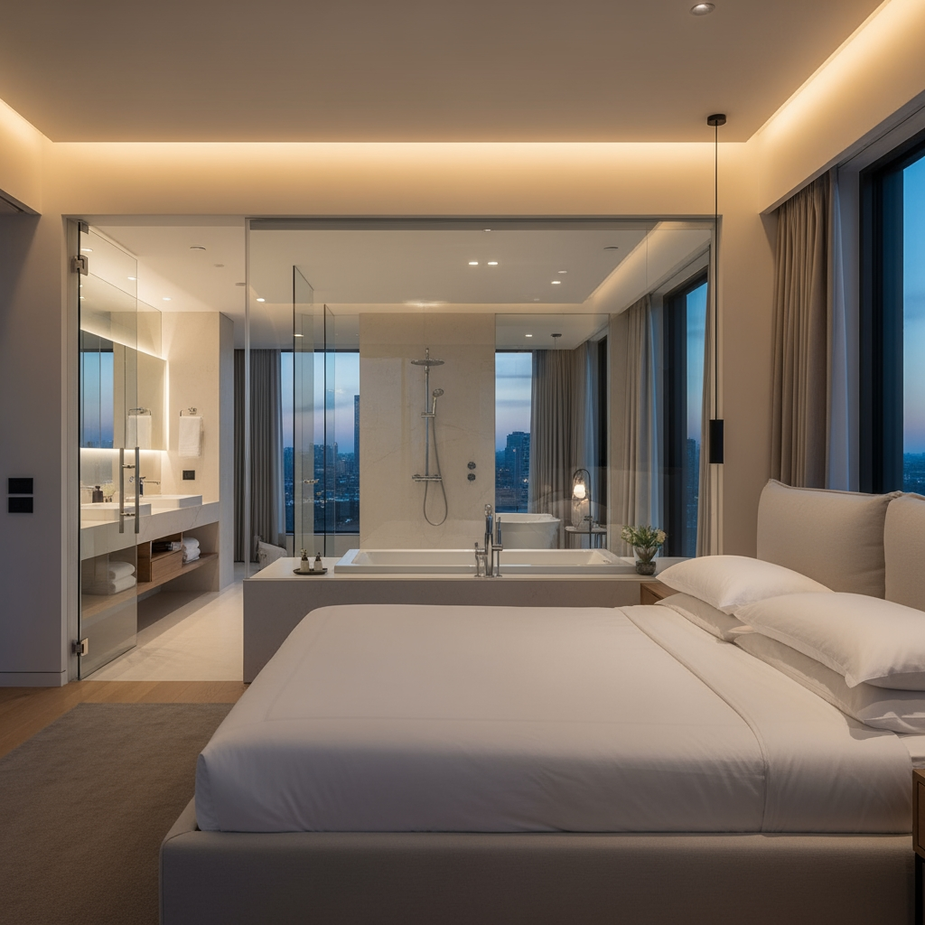 AI Design for voglio un rendering di una camera da letto molto ampia, con un bagno dietro al letto e che ha le pareti in vetro trasparente, e la porta al bagno anch'essa in vetro sul lato sinistro del letto