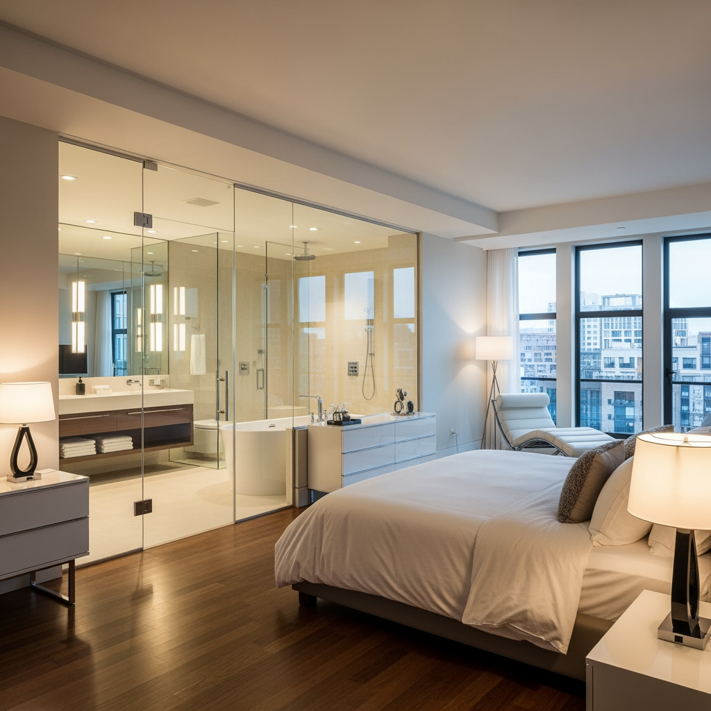 AI Design for voglio un rendering di una camera da letto molto ampia, con un bagno dietro al letto e che ha le pareti in vetro trasparente, e la porta al bagno anch'essa in vetro sul lato sinistro del letto