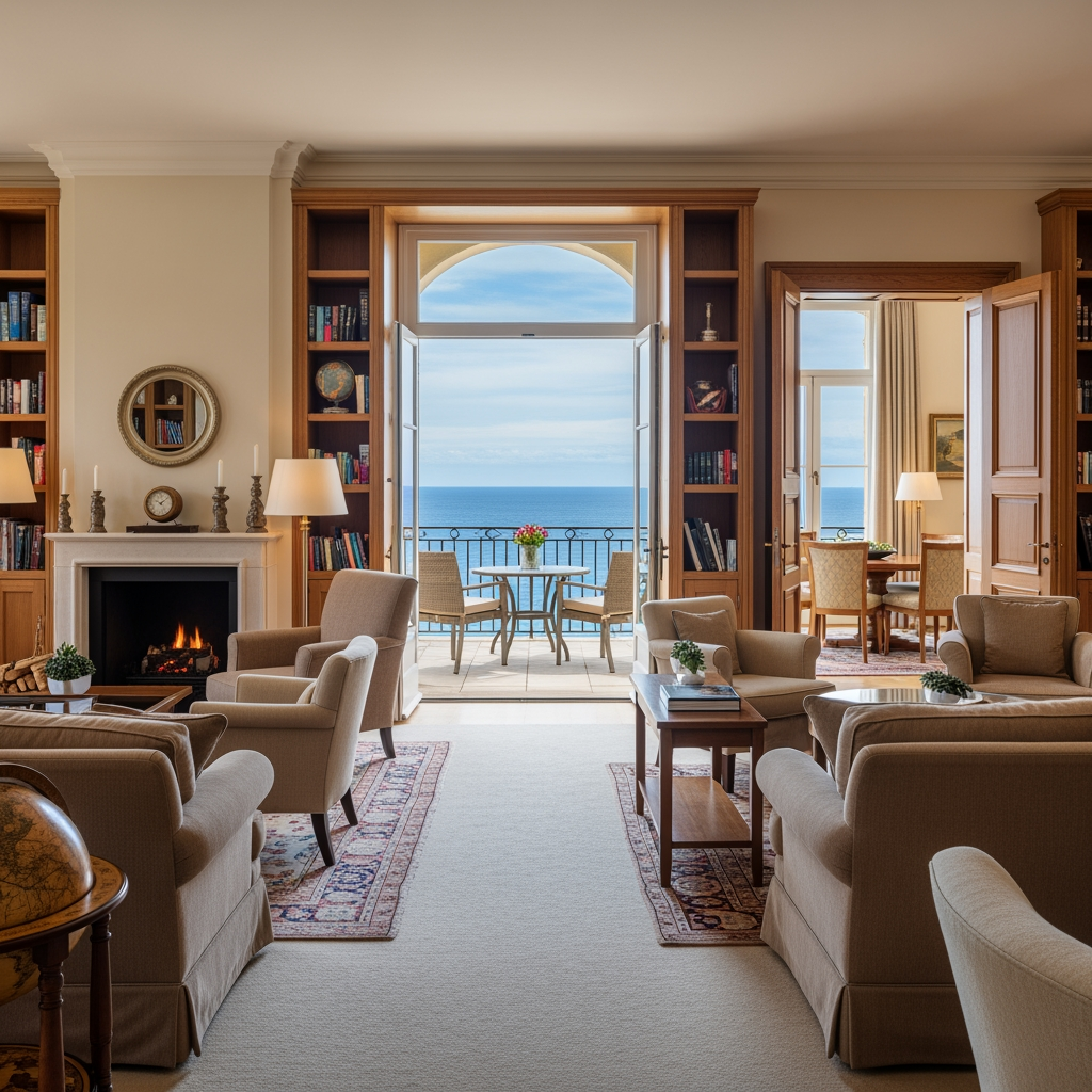 AI Design for crea una sala lettura per un albergo con porta finestra che si affaccia sul balcone con vista mare, e due porte una destra una a sinistra