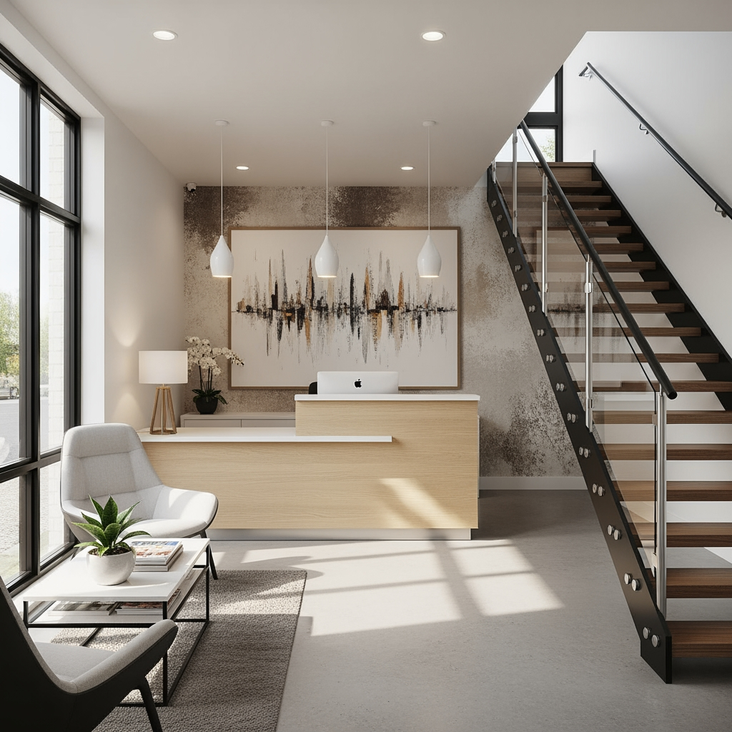 AI Design for voglio un rendering di una reception non molto grande dove si vede anche una scala moderna che porta al primo piano sul lato destro