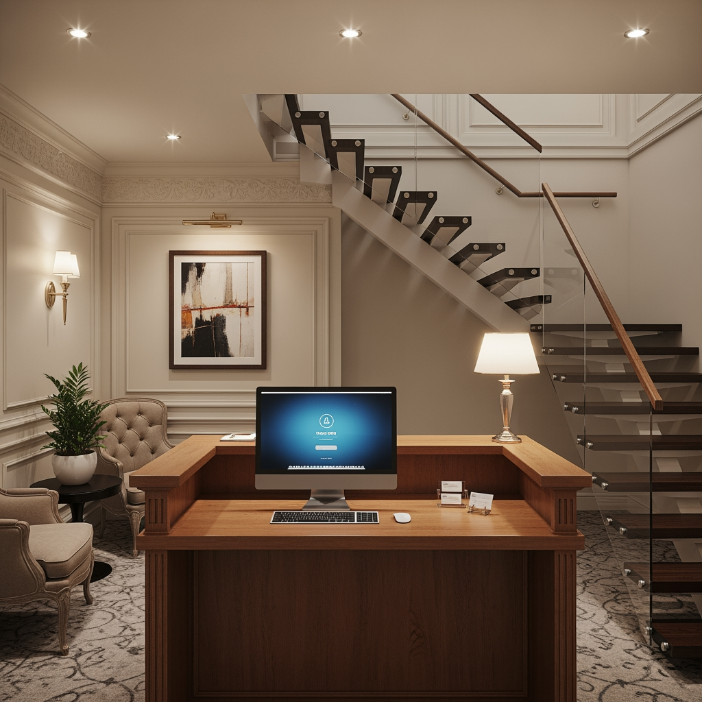 AI Design for voglio un rendering di una reception in stile classico non molto grande, con soffitto basso, una scrivania con un computer e dove si vede anche una scala moderna che porta al primo piano sul lato destro