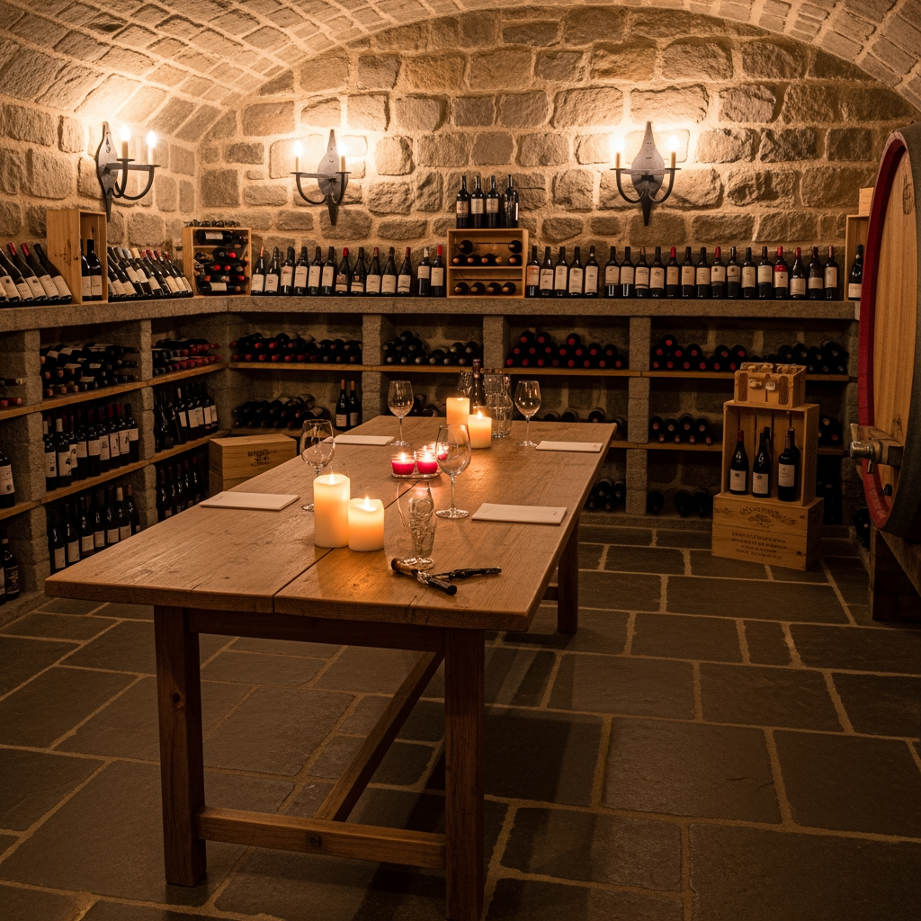 AI Design for crea una enoteca con un tavolo per la degustazione senza persone