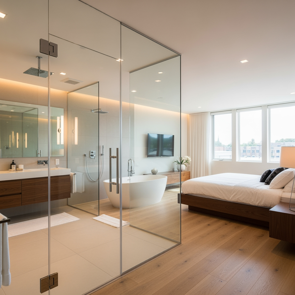 AI Design for voglio un rendering di una camera da letto molto ampia, con un bagno posizionato dietro al letto e che ha le pareti in vetro trasparente, e la porta al bagno anch'essa in vetro sul lato sinistro del letto