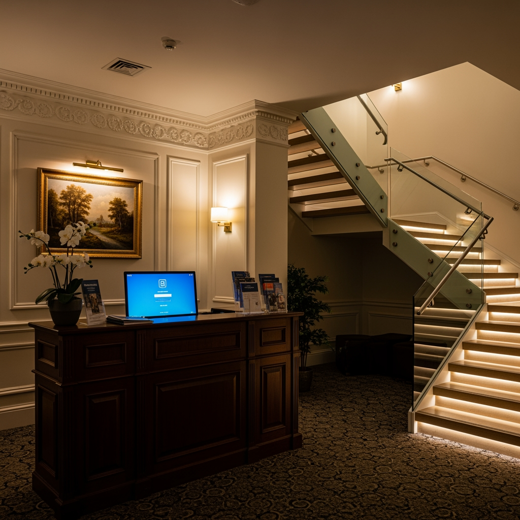 AI Design for voglio un rendering di una reception in stile classico non molto grande, con soffitto basso, una scrivania con un computer e dove si vede anche una scala moderna che porta al primo piano sul lato destro