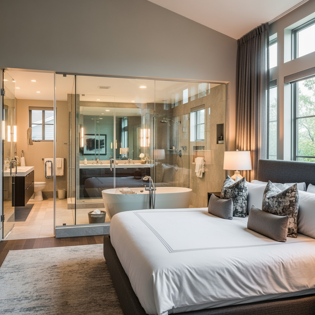 AI Design for voglio un rendering di una camera da letto molto ampia, con un bagno dietro al letto e che ha le pareti in vetro trasparente, e la porta al bagno anch'essa in vetro sul lato sinistro del letto
