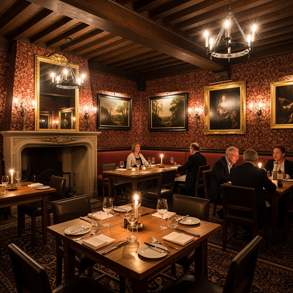 AI Design for crea una sala non molto grande di un ristorante con pareti decorate tavoli quadrati per un palazzo del 700 con soffitto basso