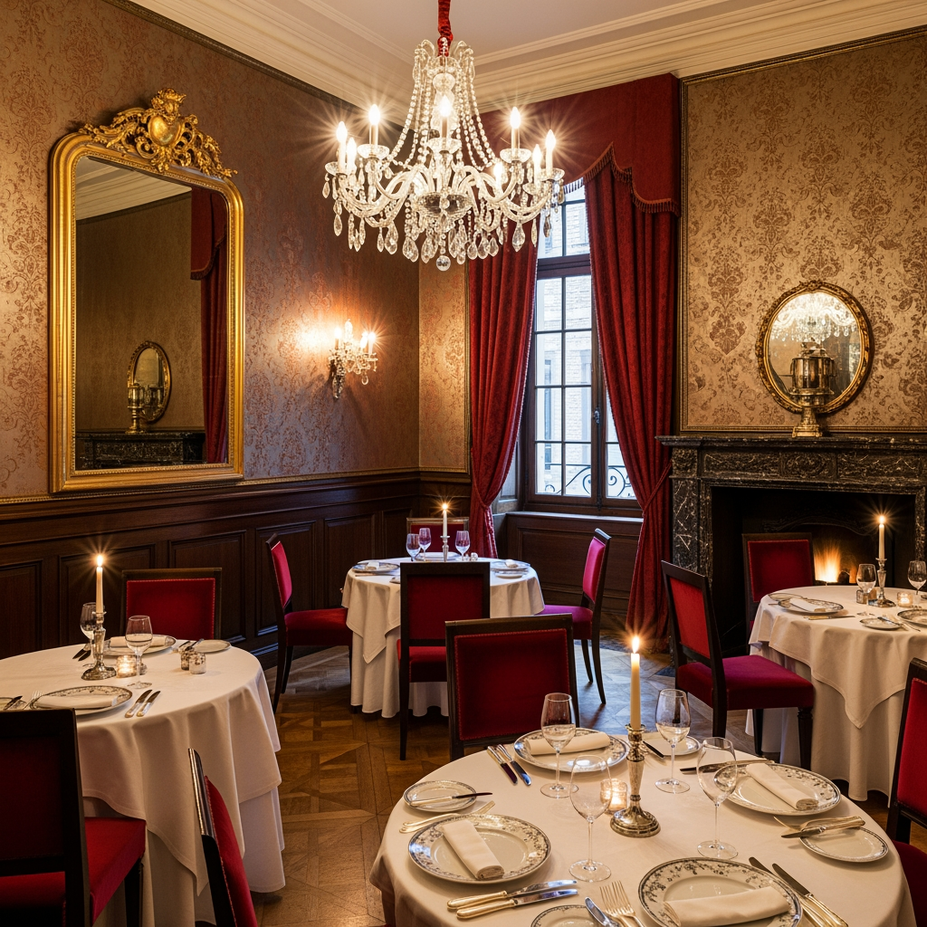 AI Design for crea una sala  non molto grande di un ristorante stile classico per un palazzo del 700 con soffitto basso