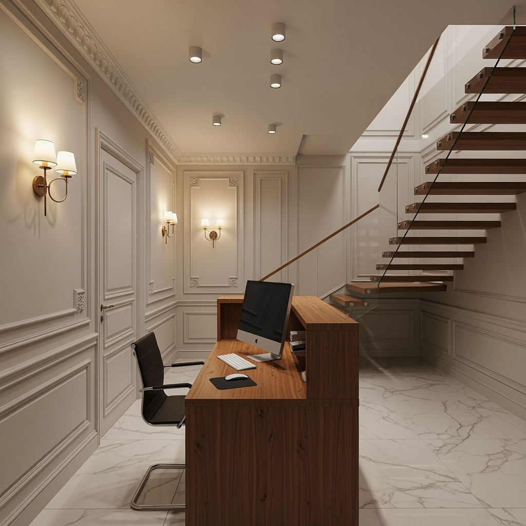 AI Design for voglio un rendering di una reception in stile classico non molto grande, con soffitto basso, una scrivania con un computer e dove si vede anche una scala moderna che porta al primo piano sul lato destro