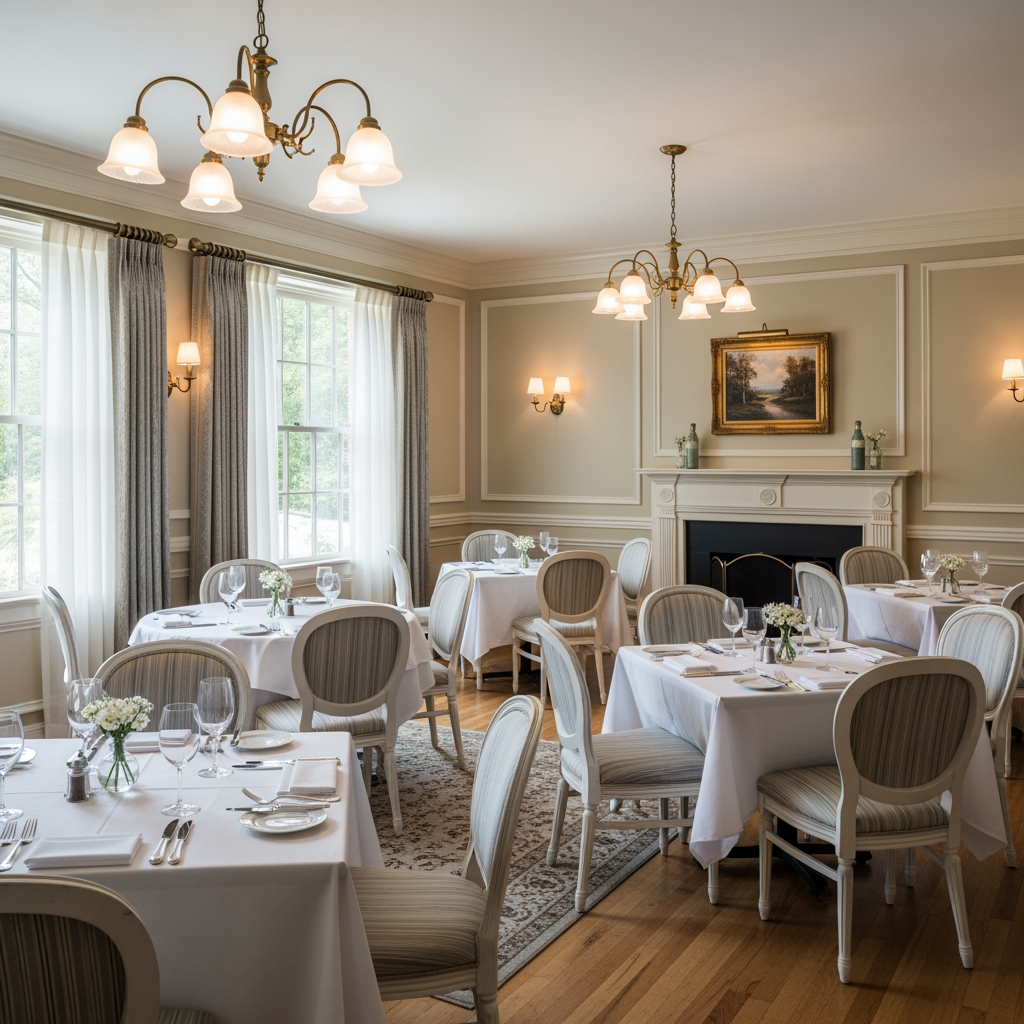 AI Design for crea una sala per un ristorante non molto grande stile classico leggero