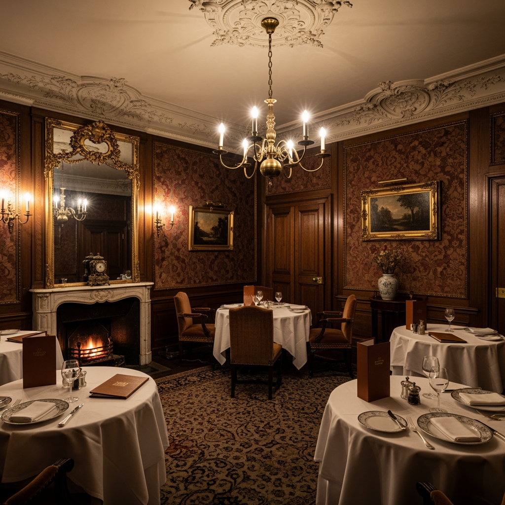 AI Design for crea una sala  non molto grande di un ristorante stile classico per un palazzo del 700 con soffitto basso