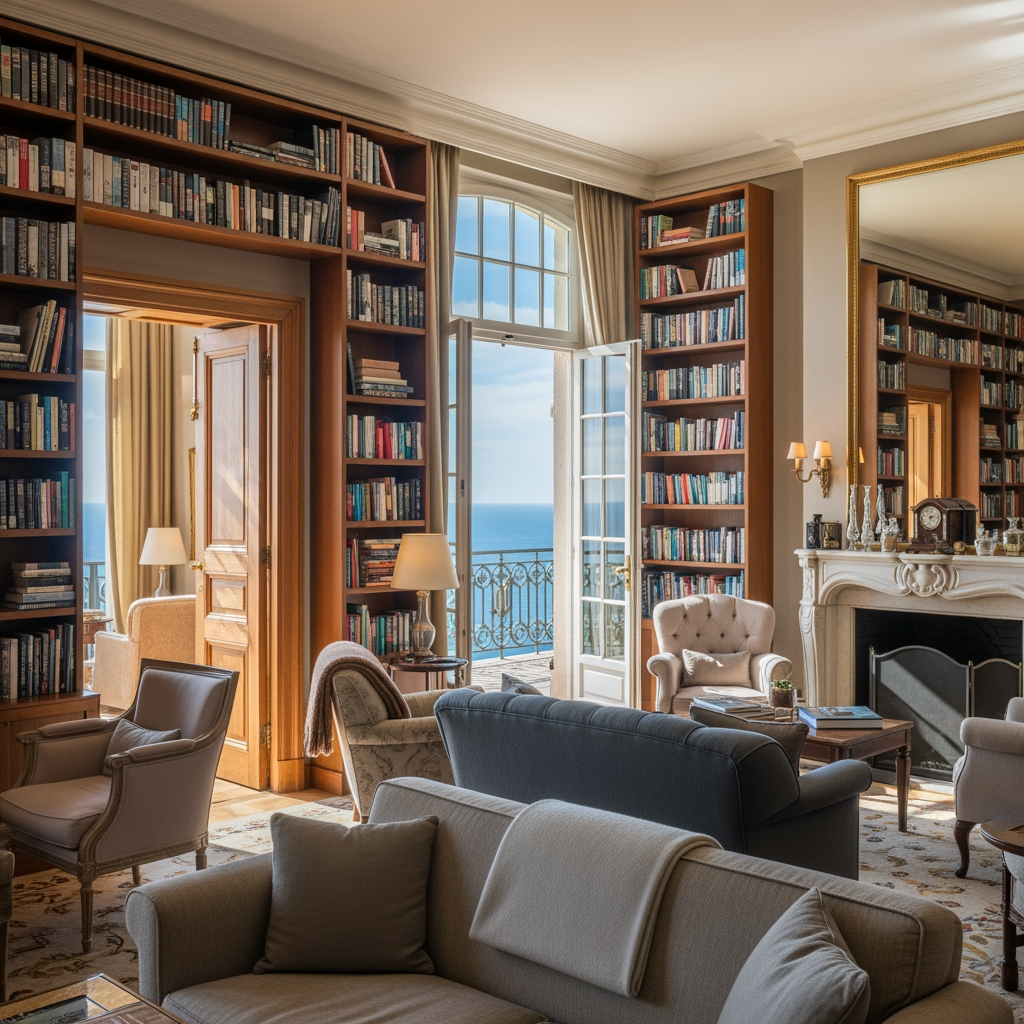 AI Design for crea una sala lettura per un albergo con porta finestra che si affaccia sul balcone con vista mare, e due porte una destra una a sinistra