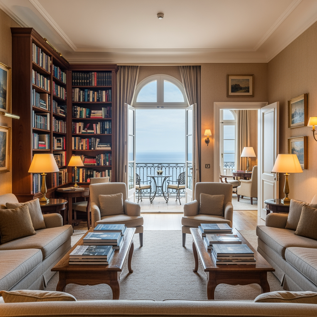 AI Design for crea una sala lettura per un albergo con porta finestra che si affaccia sul balcone con vista mare, e due porte una destra una a sinistra