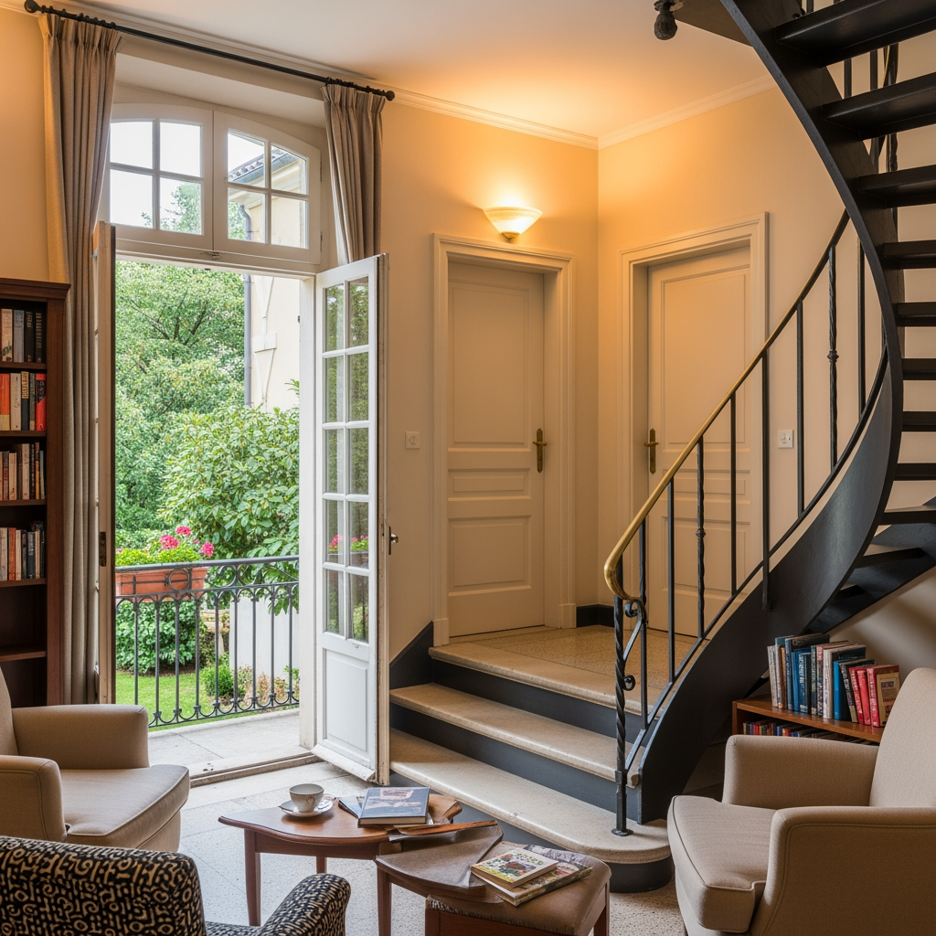 AI Design for crea una pisccola sala lettura per un albergo con porta finestra che si affaccia sul balcone con vista giardino, e dentro la stanza si vede una scala addossata al muro con ringhiera in ferro che porta al piano di sotto e due porte una destra una a sinistra