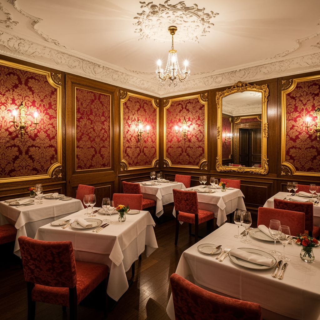 AI Design for crea una sala non molto grande di un ristorante stile classico con pareti decorate tavoli quadrati per un palazzo del 700 con soffitto basso