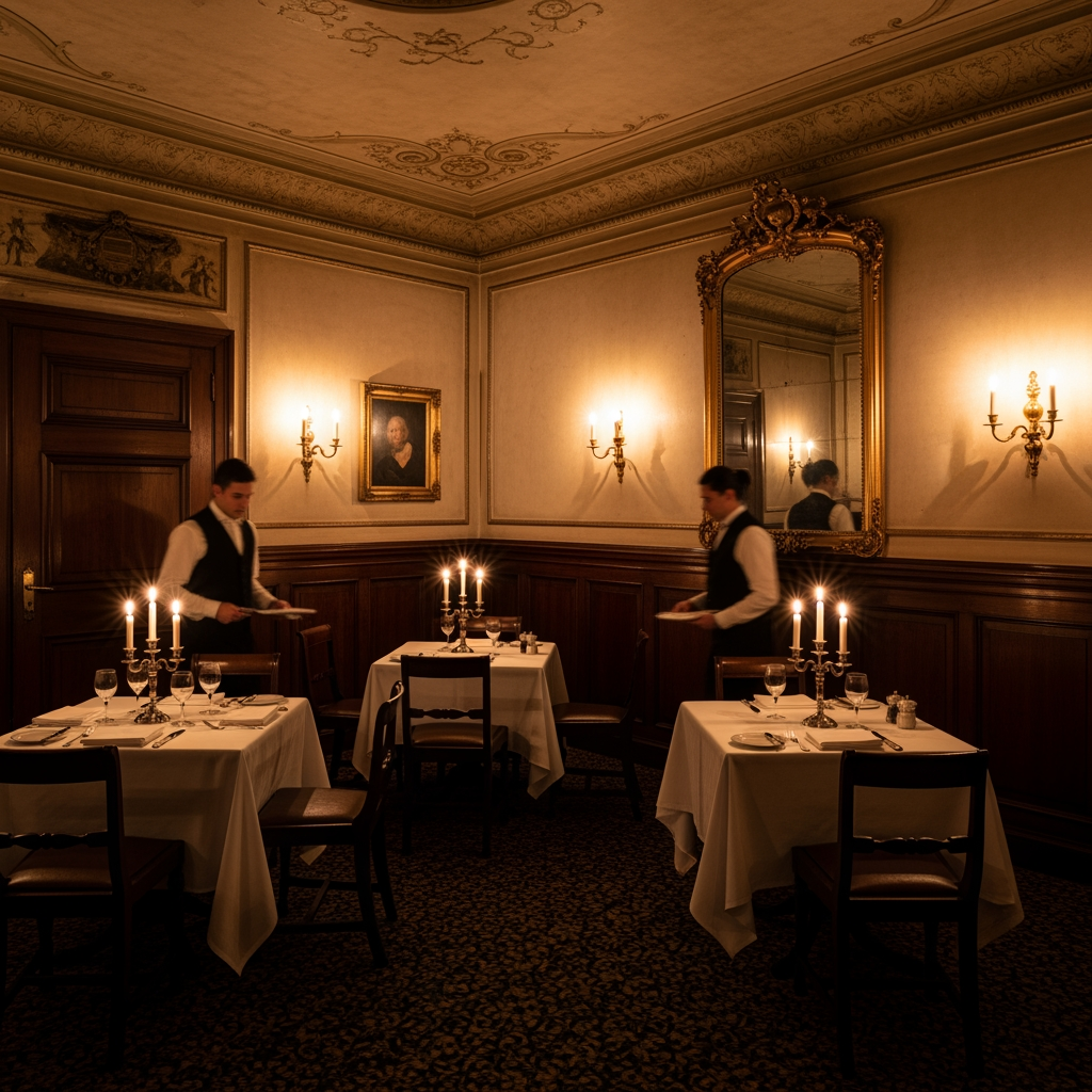 AI Design for crea una sala  non molto grande di un ristorante stile classico per un palazzo del 700 con soffitto basso
