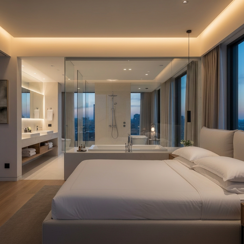 AI Design for crea lo stesso render con il bagno spostato dietro al letto